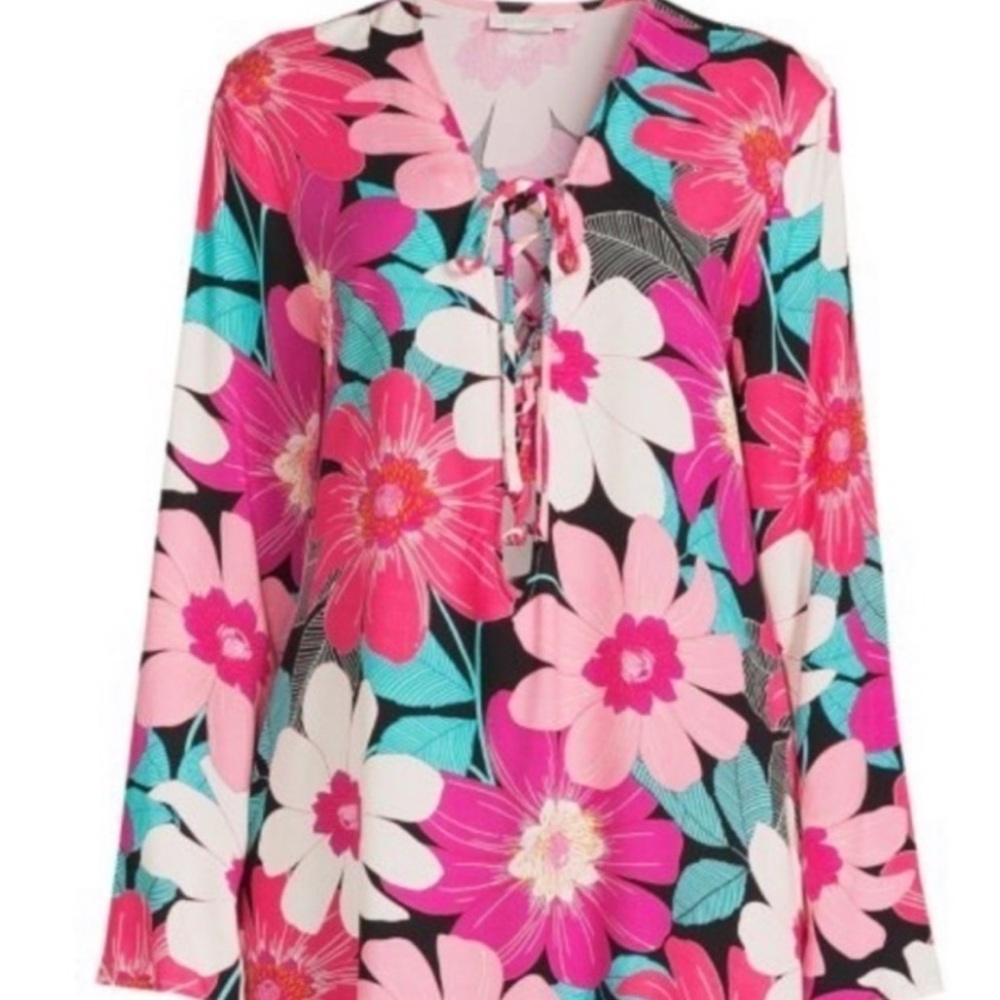 Tropical la Blanca coverup with fuschia and pink flowers on black -new!